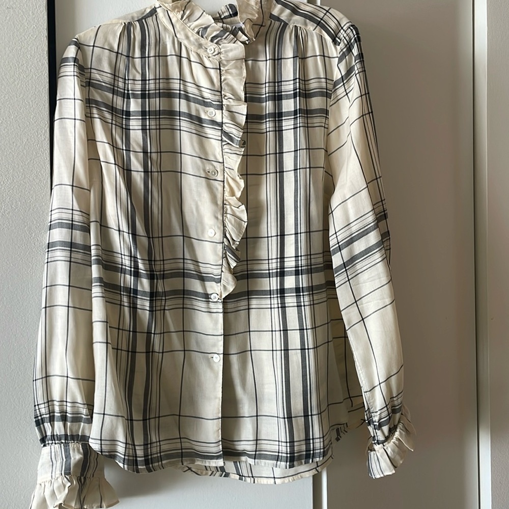Designer Frame plaid button down with ruffle detail.